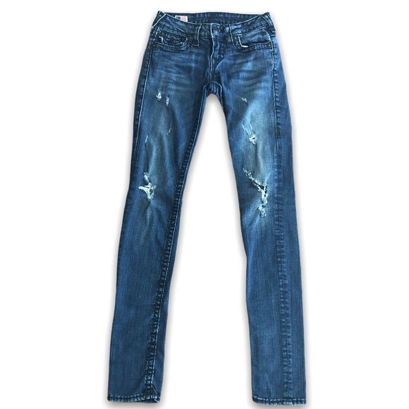 True Religion Jeans Distressed Frayed Julie Super T 25 Dark Wash 34.5" Inseam - Picture 12 of 12